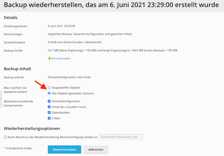 Backup-Wiederherstellung auswählen