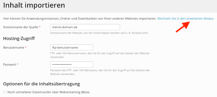 Zugangsdaten Webseiten-Import eingeben